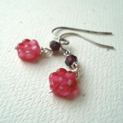 Cranberry Flower Earrings With Garnet Sterling..