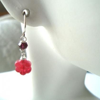 Cranberry Flower Earrings With Garnet Sterling..