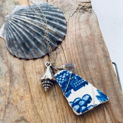 Sea Pottery Necklace Cobalt White With Silver..