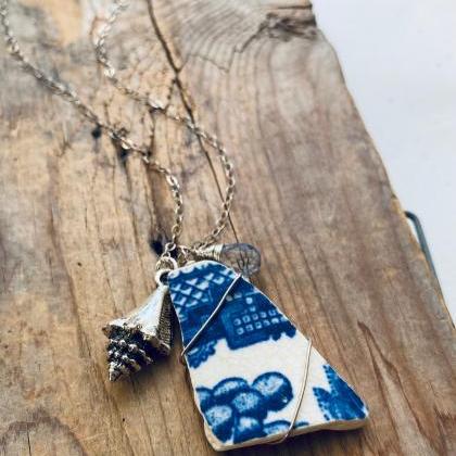 Sea Pottery Necklace Cobalt White With Silver..