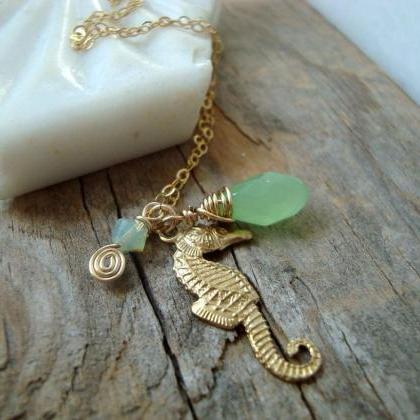 Seahorse Necklace. Gold Seahorse And Mint Green..