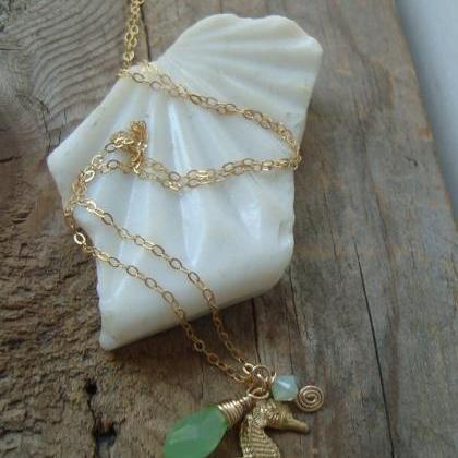 Seahorse Necklace. Gold Seahorse And Mint Green..