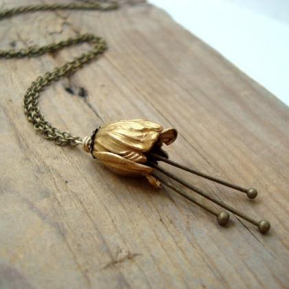 Small Brass Tulip Necklace Bridal Jewelry Flower..