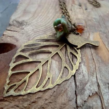Long Brass Leaf Necklace Fall Jewelry Autumn..