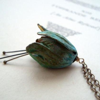 Green Tulip Necklace - Large. Patina Vintage Style..