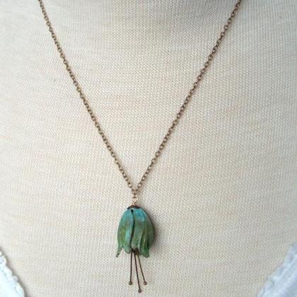 Green Tulip Necklace - Large. Patina Vintage Style..