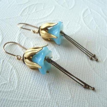 Aqua Blue Blossom Earrings Brass Spring Fashion..