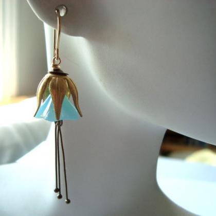 Aqua Blue Blossom Earrings Brass Spring Fashion..