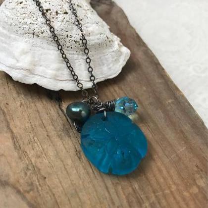 Teal Sand Dollar Necklace With Crystal And Pearl..