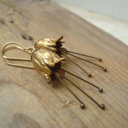 Brass Tulip Flower Earrings - Small. Flower..