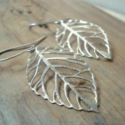 Silver Cutout Leaf Earrings Nature Inspired Modern..