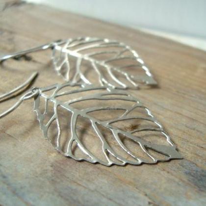 Silver Cutout Leaf Earrings Nature Inspired Modern..