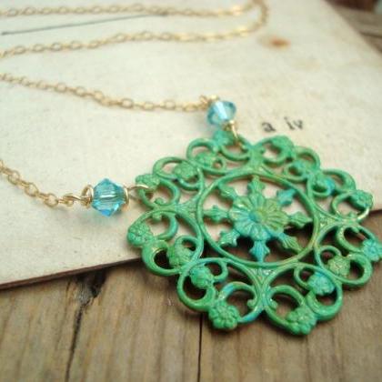 Green Filigree And Crystal Necklace Hand Painted..