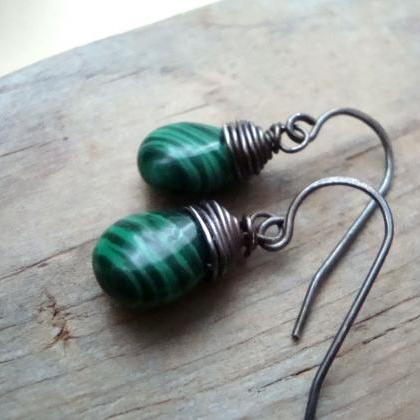 Forest Green Malachite Earrings Wire Wrapped..