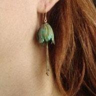 Green Tulip Flower Earrings - Large. Patina Brass..
