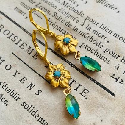 Brass Daisy Earrings With Rhinestones Mothers Day..