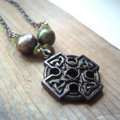 Celtic Cross Necklace Pearl and Per..