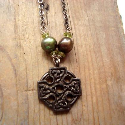 Celtic Cross Necklace Pearl and Per..