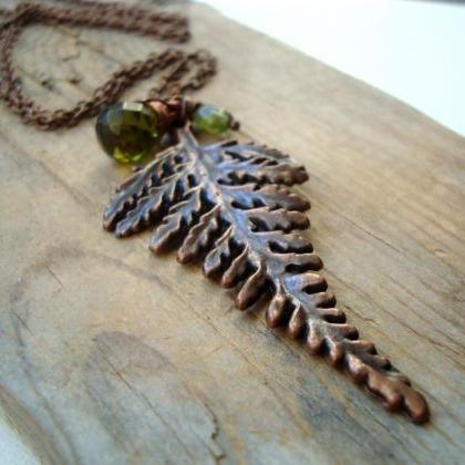 Copper Fern Necklace Olive Green Crystal Peridot..