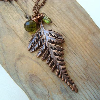Copper Fern Necklace Olive Green Crystal Peridot..