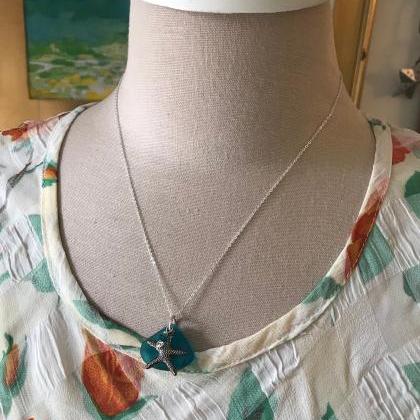 Sea Glass Necklace Teal With Gunmet..