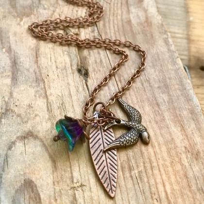 Copper Charm Necklace With Bird, Le..
