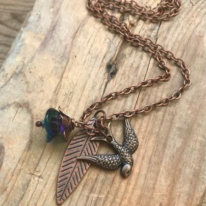 Copper Charm Necklace With Bird, Leaf And Blossom...