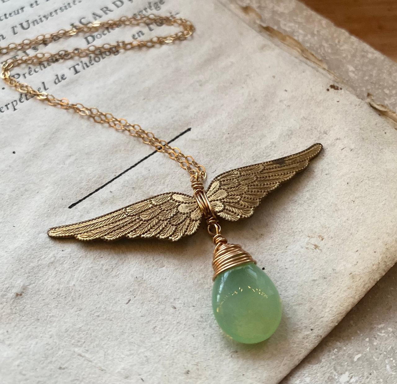 Winged Victory Necklace Raw Brass Pendant Jewelry Mint Green Vintage Style Gold Wing Necklace Art Nouveau Wire Wrapped Chain