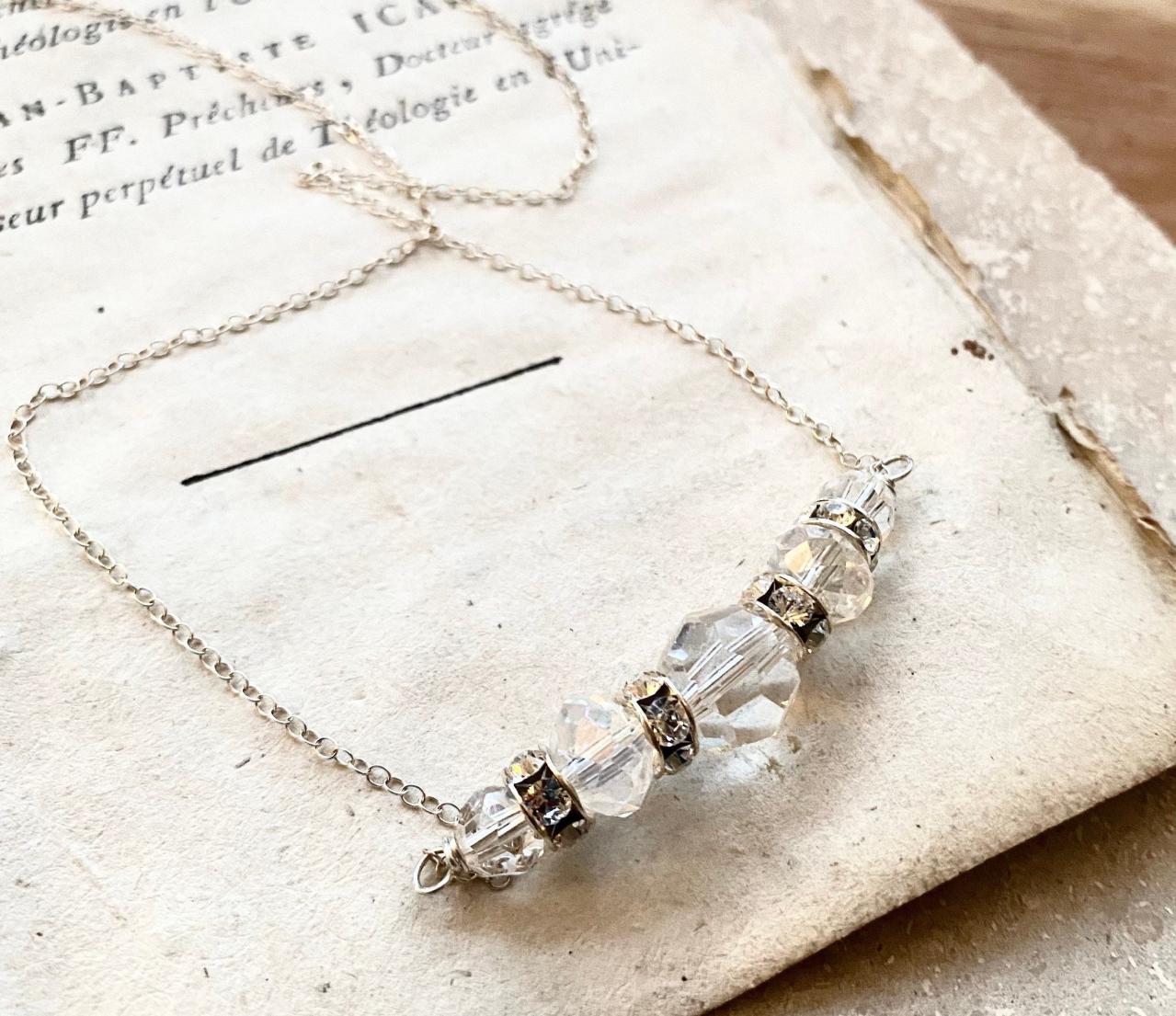 Crystal And Rhinestone Stack Necklace - Sterling Silver Vintage Style Brass Jewelry Wire Wrapped April Birthstone Crystal Jewelry