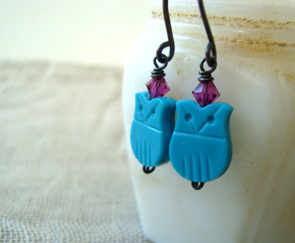 Turquoise Owl Earrings Vintage Lucite Fuchsia Swarovski Crystal Fall Fashion Holiday Jewelry Gifts Under 30 Woodland Bird Jewelry.