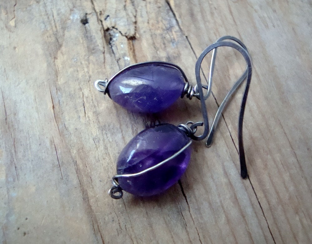 Large Amethyst Earrings - Grape Fantasy. Wire Wrapped Jewelry Oxidized Sterling Silver February Birthstone Purple Earrings Gemstone.