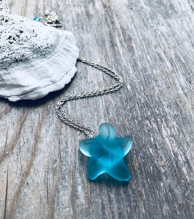 Aqua Starfish Necklace Sea Glass Jewelry Simple Beach Weddings Beachy Charm Bridesmaid Recycled Glass Nautical Summer.
