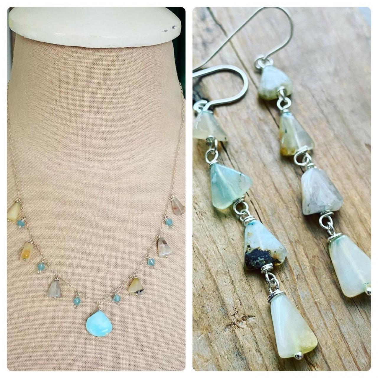 Blue Opal Necklace And Earring Set. Sterling Silver October Birthstone Ocean Blues Gemstone Jewelry Aqua Blue Tropical Natural Tones Ooak.