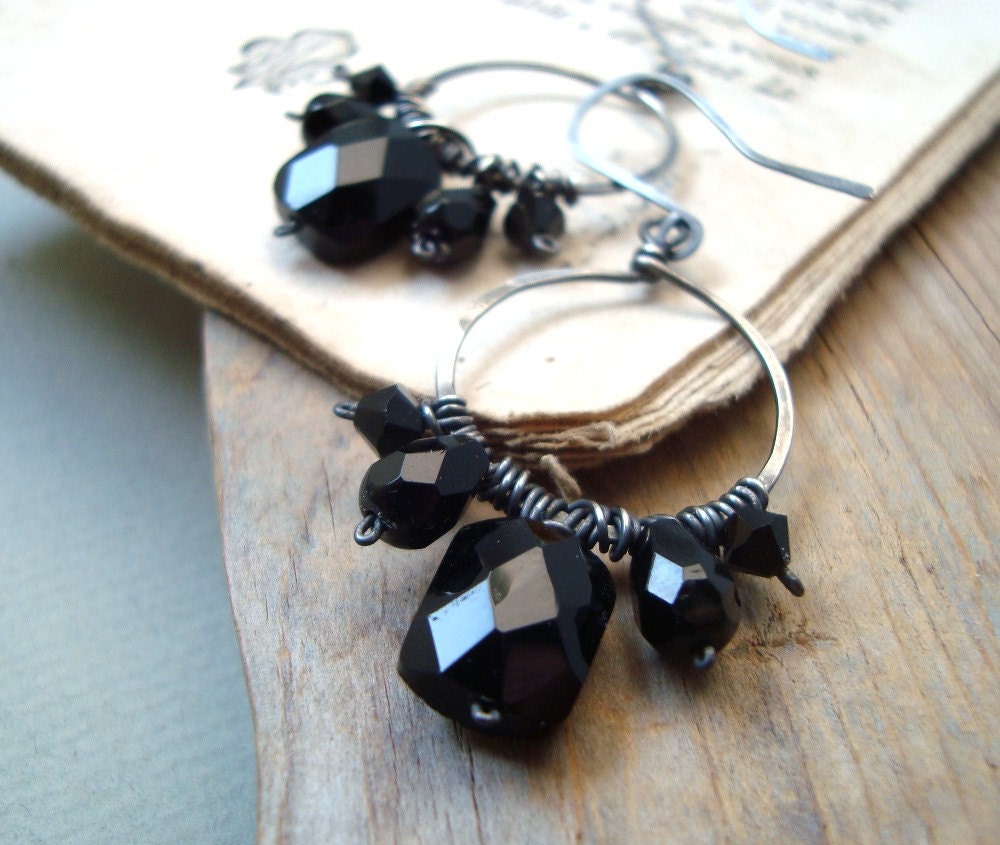 Black Crystal Hoop Earrings Oxidized Sterling Wire Wrapped Metalworked Holiday Jewelry Winter Party Jewelry Gifts Under 50.