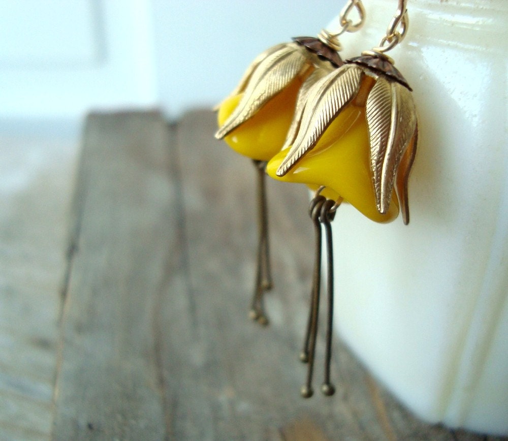 Golden Yellow Blossom Earrings Brass Vintage Style Fall Fashion, Shabby Chic Jewelry Flower Jewelry Floral Earrings.
