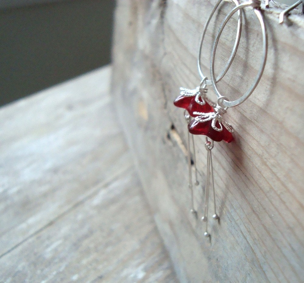 Cranberry Blossom Hoop Earrings - Sterling Silver And Garnet Glass. Holiday Jewelry Flower Jewelry Floral Gifts Under 40 Dangles.
