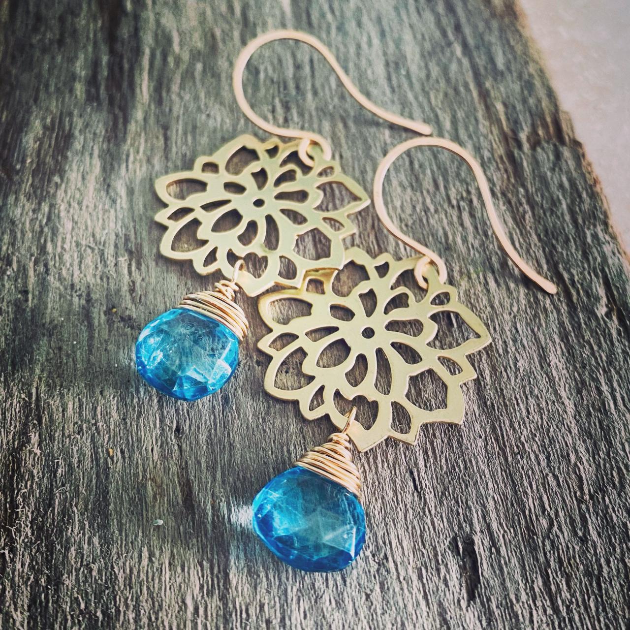 Chrysanthemum Earrings With Aqua Quartz Gold Rhodium Flower on Luulla