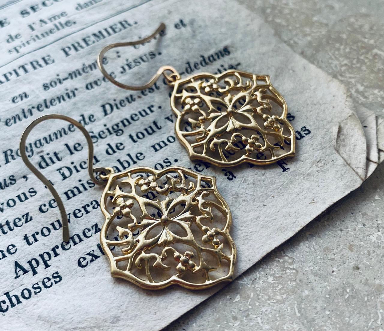 Gold Floral Pendant Earrings Metalworked Jewelry Rhodium Vintage Style Zen Large Dangles Gifts Under 40, Modern Bridesmaid.