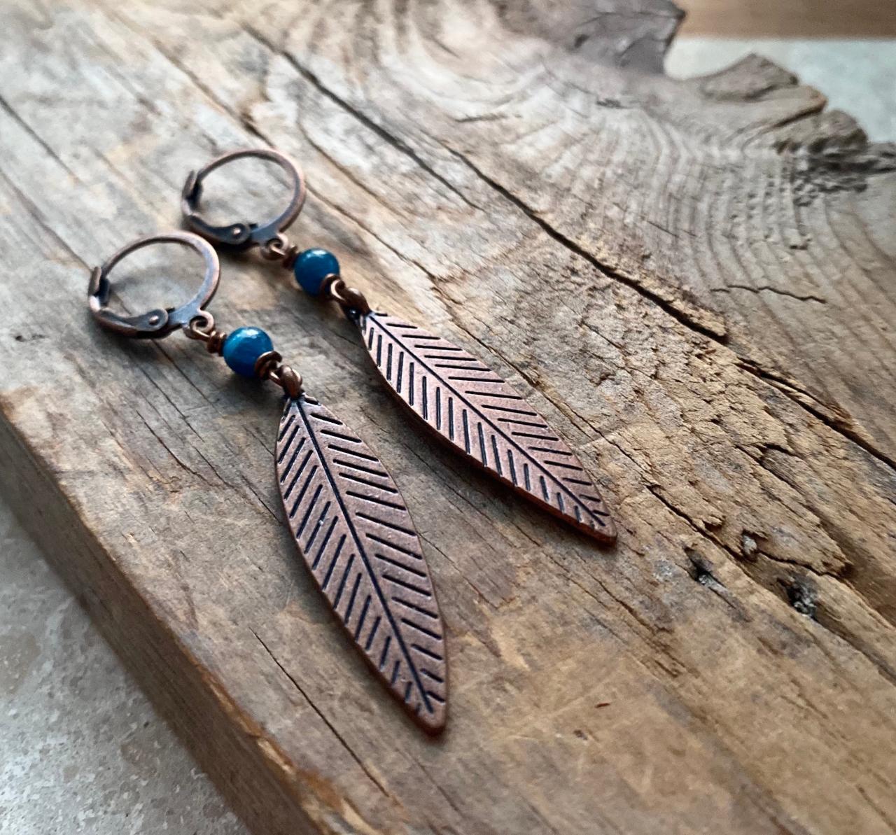 Feather Earrings - Antiqued Copper With Blue Stone. Leverbacks Long Dangles Boho Chic Jewelry, Bohemian Hippie Statement Earrings Coachella.
