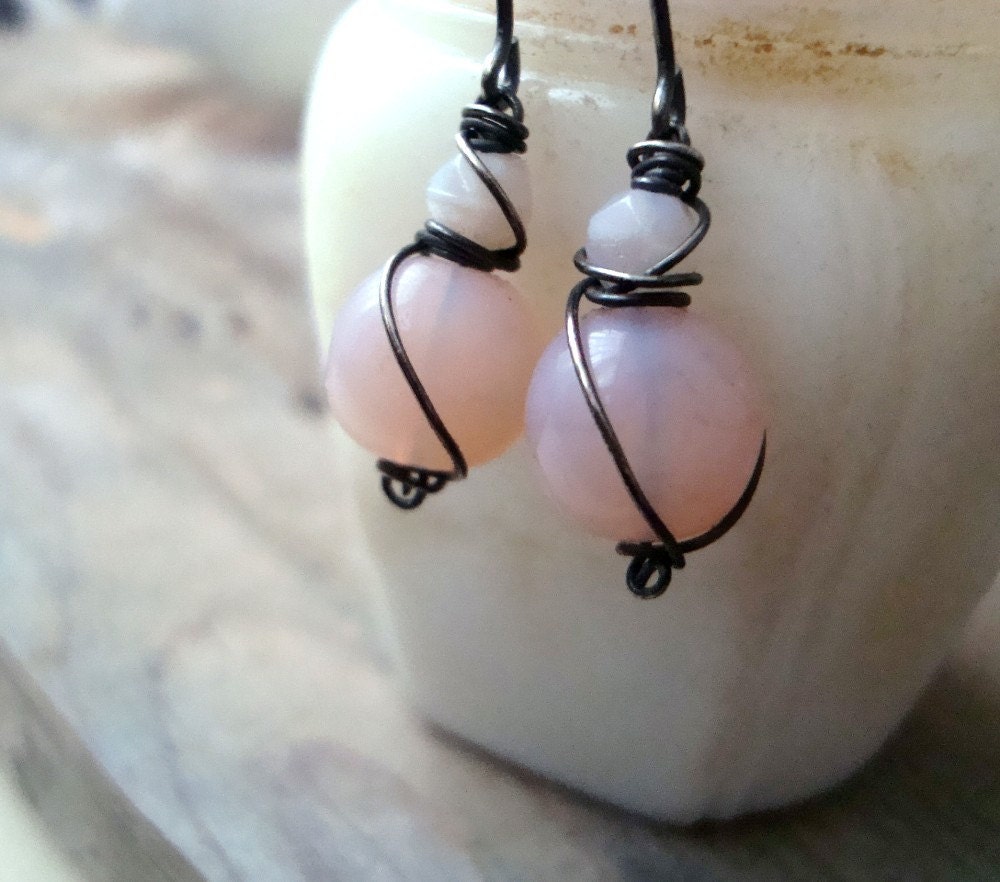 Pastel Pink Earrings Vintage Glass Oxidized Sterling Silver Wire Wrapped, Handmade Jewelry.
