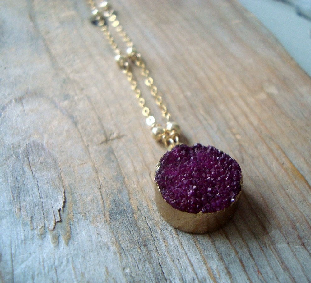 Purple Druzy Necklace With Gold Filled Beaded Chain Druzy Jewelry Drusy Gemstone Boho Holiday Jewelry Fall Fashion Gifts Under 100.
