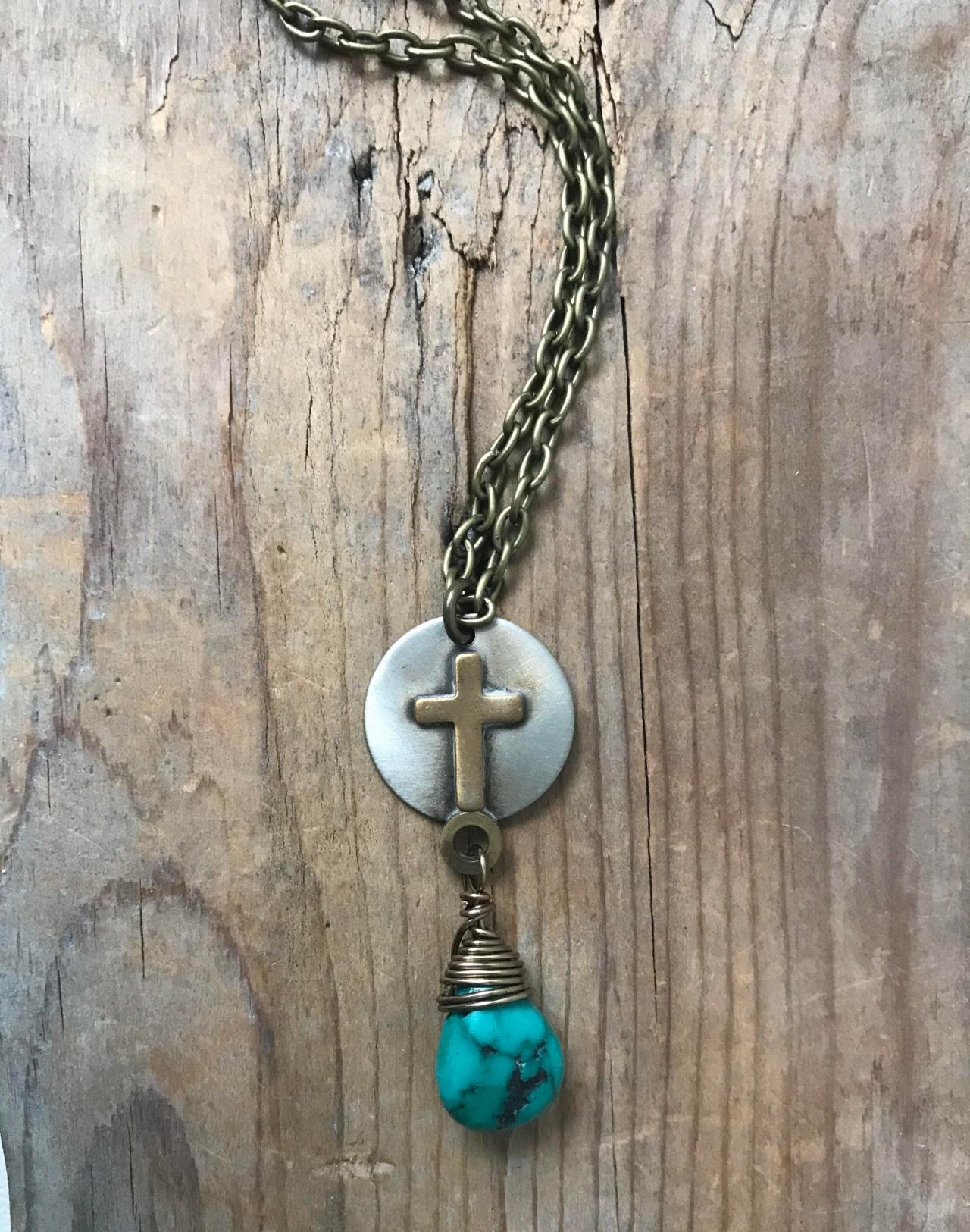 Brass Cross Necklace With Turquoise. December Birthstone Religious Jewelry Spiritual Southwestern Gemstone Charm Gifts Under 40 Ooak.