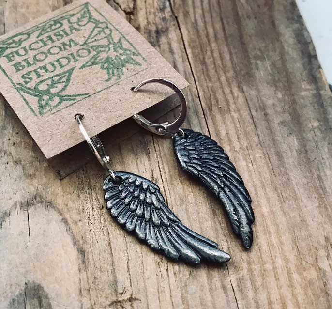 Angel Earrings Gunmetal And Silver Jewelry Aqua Vintage Style Long Dangles.