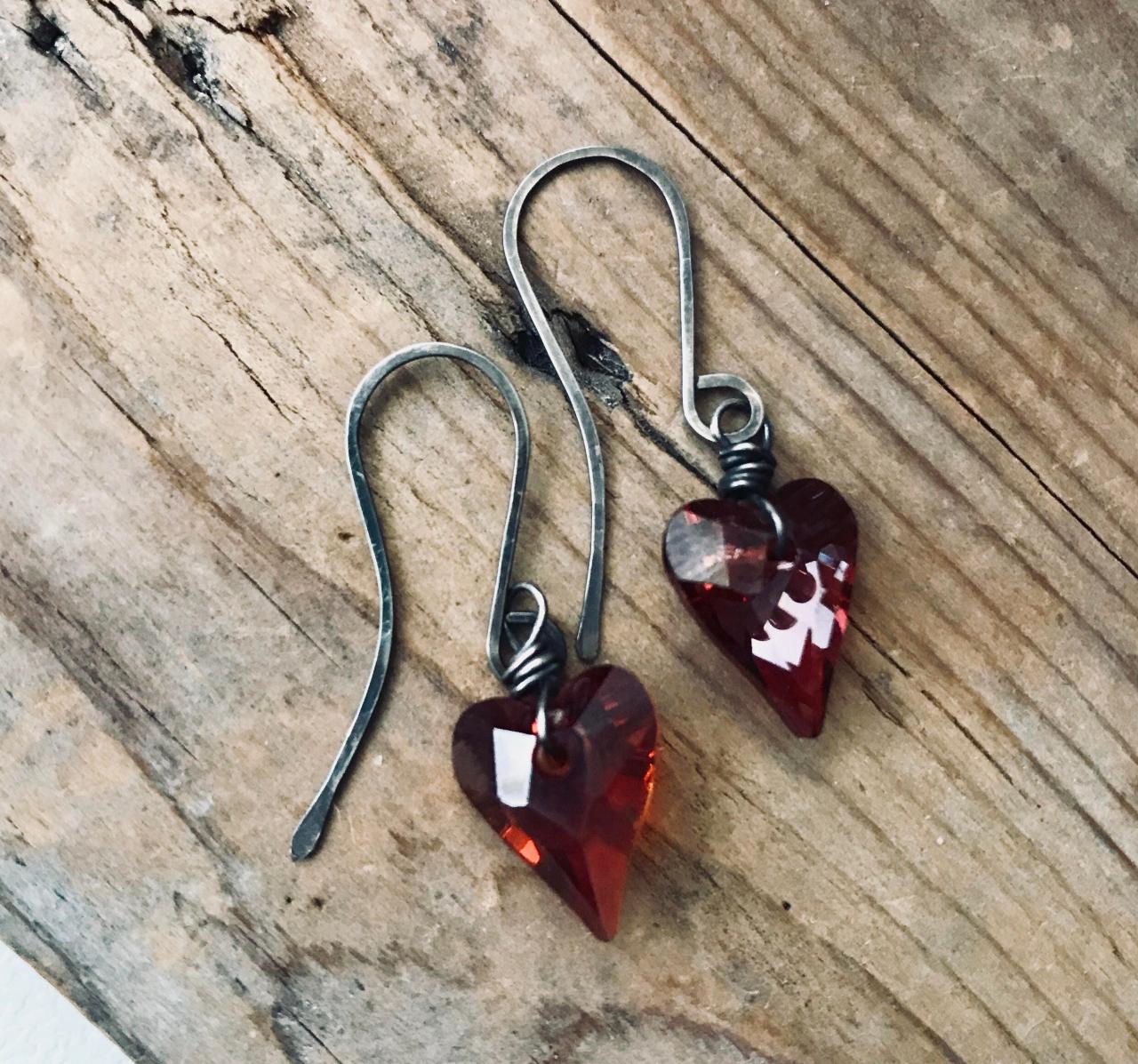 Red Crystal Heart Earrings Oxidized Sterling Silver Swarovski Valentines Jewelry Heart Jewelry Love Romantic.