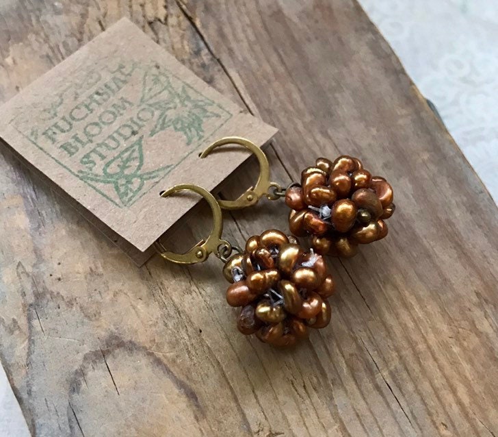 Pearl Cluster Earrings - Amber Pearl And Brass. Modern Bridal Jewelry June Birthstone Weddings Leverbacks Dangles Gifts Under 30.
