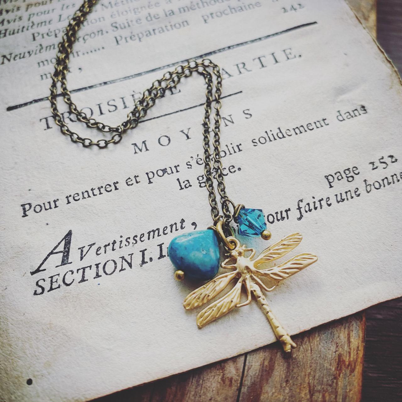 Gold Dragonfly Necklace With Chrysocolla. Crystal Gemstone Charm Jewelry Aqua Brass, Jewelry Nature Inspired.
