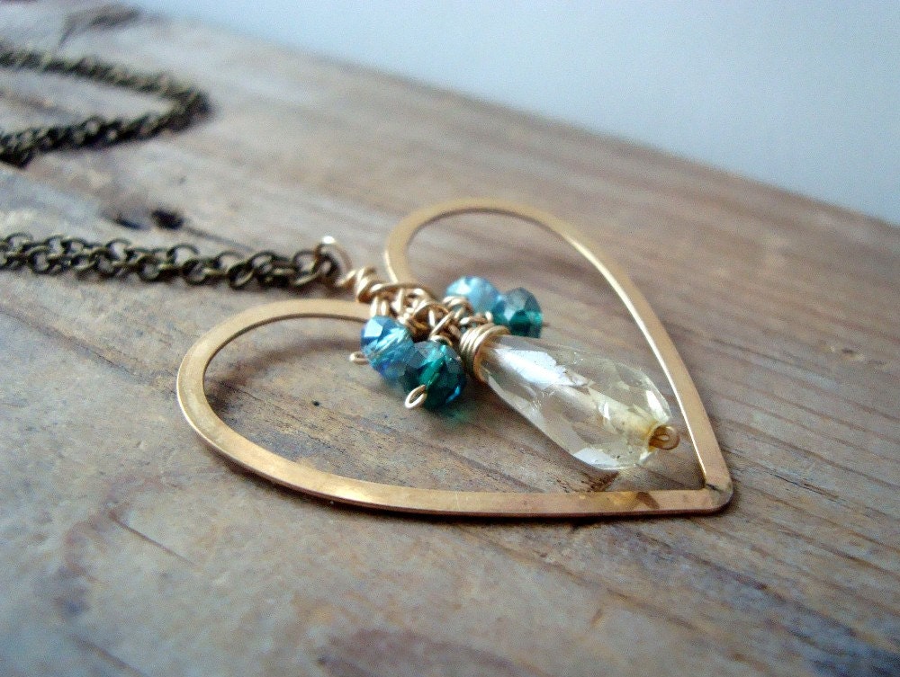 Gold Heart Necklace - Heart Of Gold. Aqua Crystal Rondelle Citrine Teardrop Brass Chain Vintage Style Heart Necklaxe, November Birthstone.