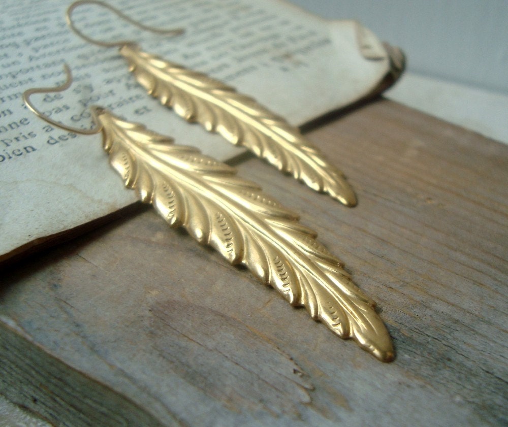 Large Brass Feather Earrings Native American Statement Earrings Nature Inspired Brass .