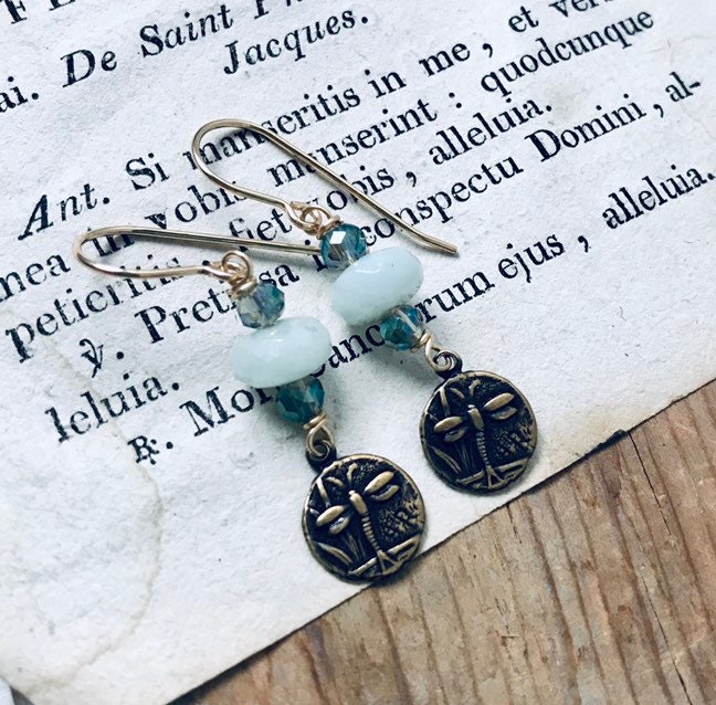 Dragonfly Earrings With Amazonite Vintage Brass Swarovski Crystal Insect Jewelry 14k Gold Fill Art Nouveau Gifts Under 50 Bridesmaid Jewelry.