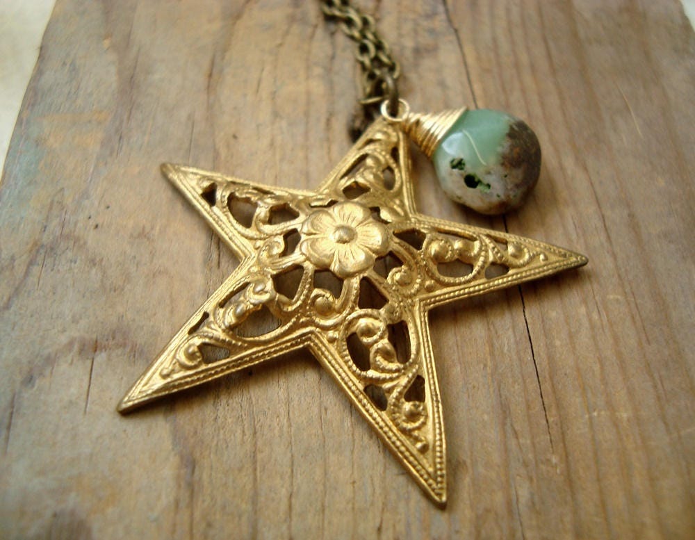 Brass Star Necklace With Chrysoprase Long Necklace Celestial Charm Gemstone Brass Jewelry Vintage Style Mothers Day Under 50 Layering.